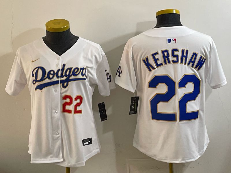 Women 2026 Los Angeles Dodgers #22 Kershaw White Gold Game Nike MLB Jersey style 01